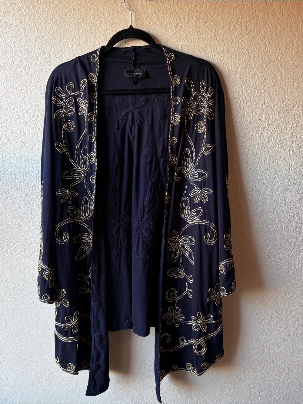Investments gold Embroidered Navy Open-Front Women's cardigan 2X plus elegant